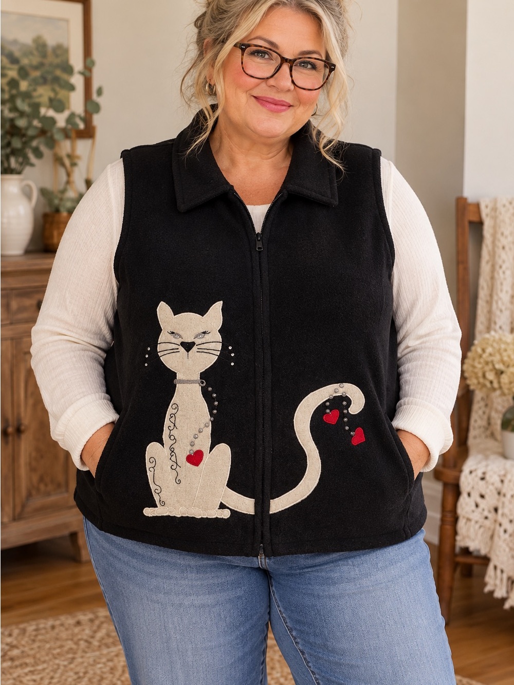 TanJay Full Zip Vest Womens size 3x Black Wool Pet-Themed Vest Patchwork
